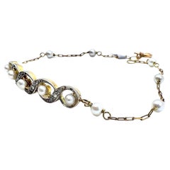 Vintage 1935 Art Deco Style with Pearl and Diamonds Yellow Gold and Platinum Bracelet