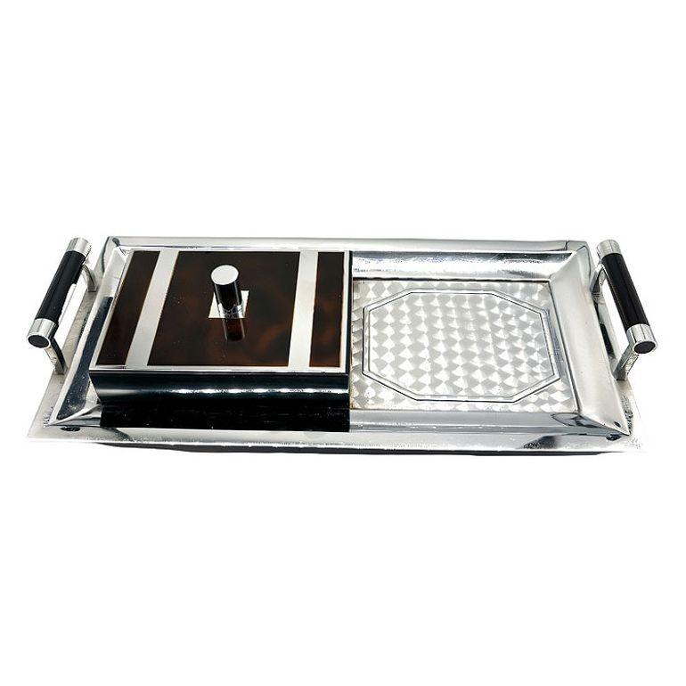 1935 Art Deco Tortoise Smokers Set Tray, Cigarette Case w/ Lighter by Ronson For Sale 4