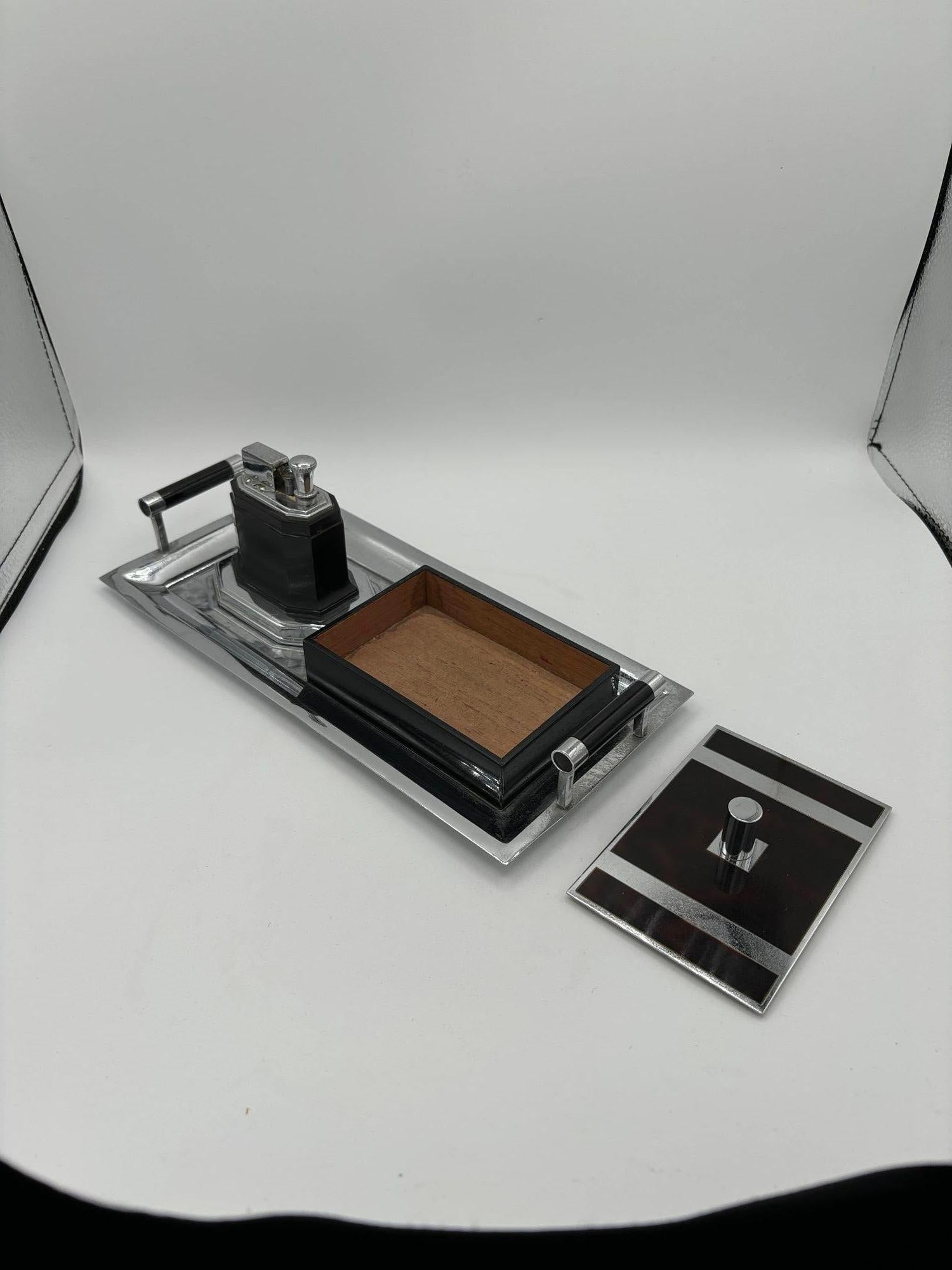1935 Art Deco Tortoise Smokers Set Tray, Cigarette Case w/ Lighter by Ronson For Sale 5