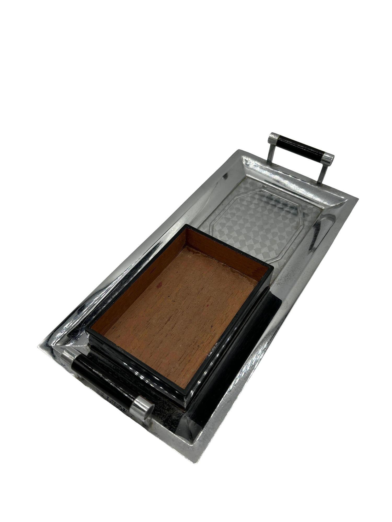 1935 Art Deco Tortoise Smokers Set Tray, Cigarette Case w/ Lighter by Ronson For Sale 6