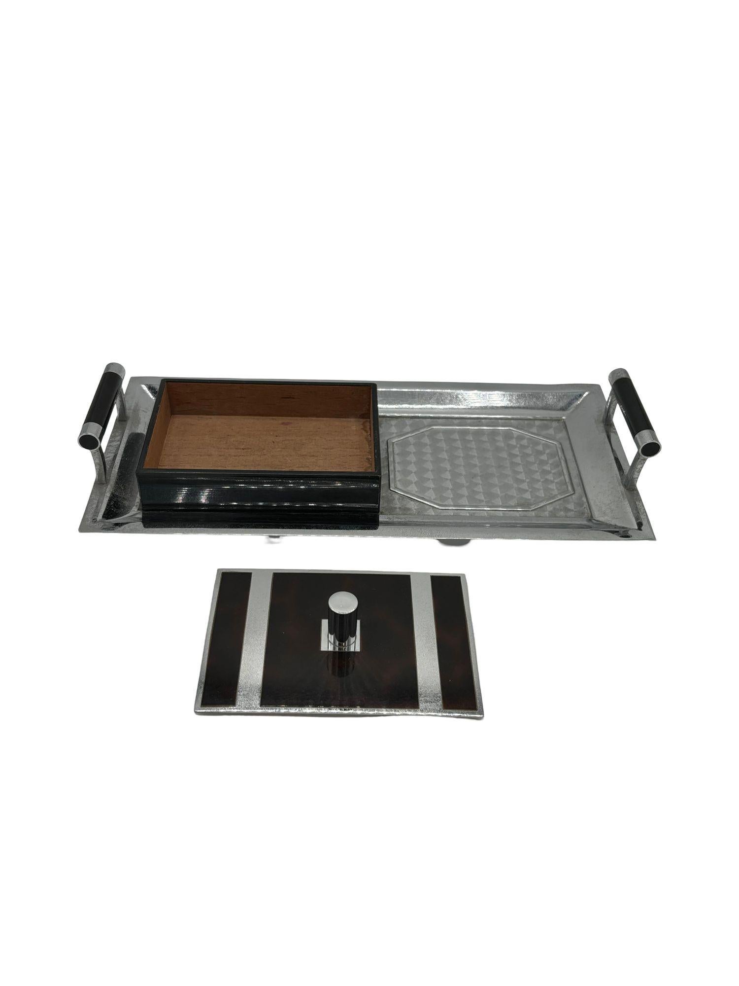 1935 Art Deco Tortoise Smokers Set Tray, Cigarette Case w/ Lighter by Ronson For Sale 7