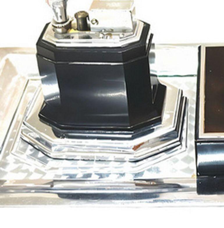 1935 Art Deco Tortoise Smokers Set Tray, Cigarette Case w/ Lighter by Ronson For Sale 9