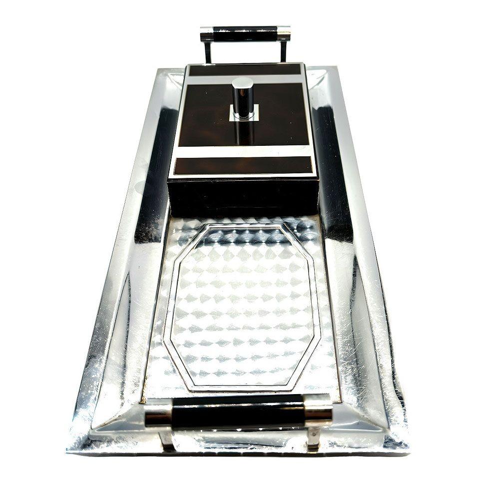 American 1935 Art Deco Tortoise Smokers Set Tray, Cigarette Case w/ Lighter by Ronson For Sale