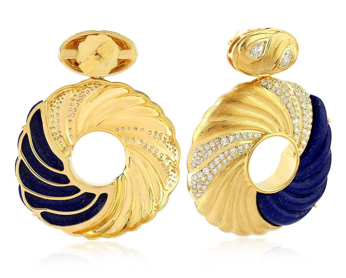 Contemporary 19.35 Carat Lapis Diamond 18 Karat Gold Earrings For Sale