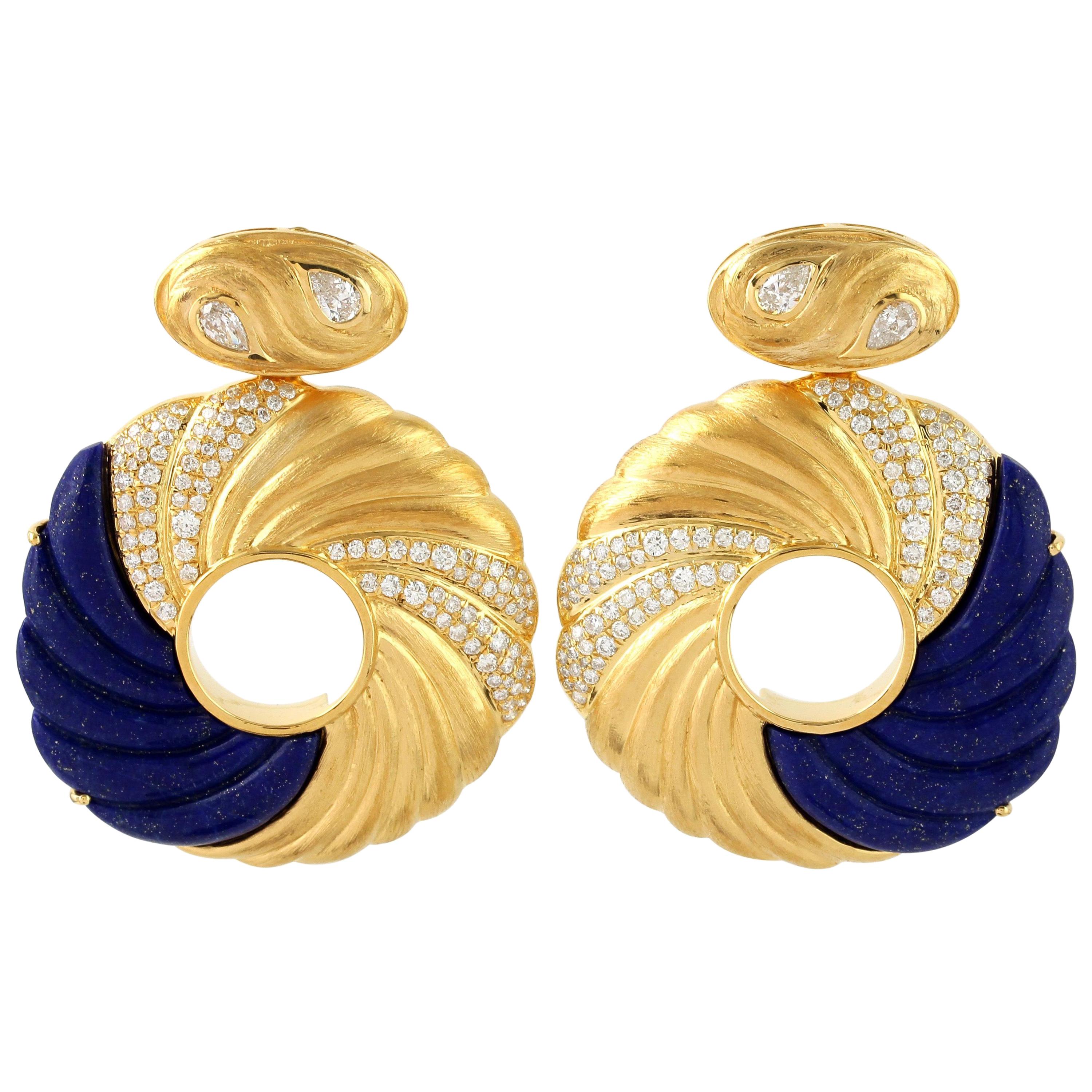 19.35 Carat Lapis Diamond 18 Karat Gold Earrings For Sale