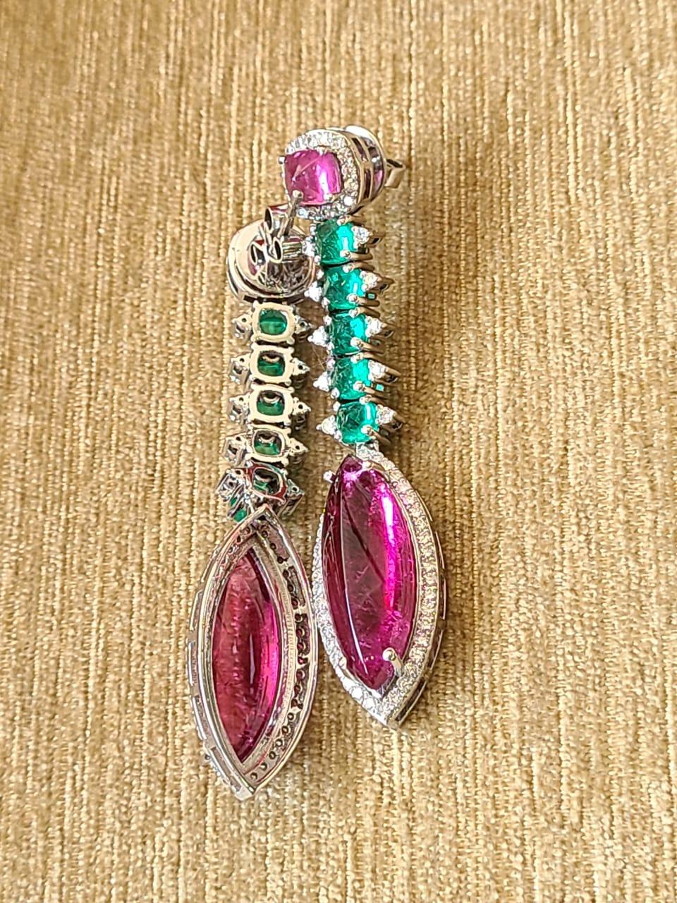 Cabochon 19.35 Carats, Rubellite, Natural Zambian Emerald & Diamonds Chandelier Earrings