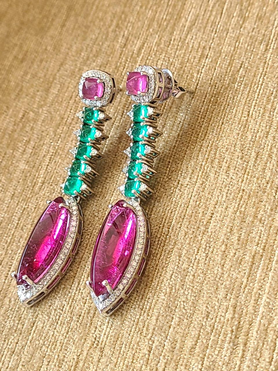 19.35 Carats, Rubellite, Natural Zambian Emerald & Diamonds Chandelier Earrings In New Condition In Hong Kong, HK