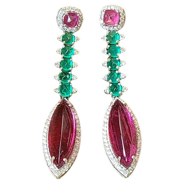 19.35 Carats, Rubellite, Natural Zambian Emerald and Diamonds Chandelier  Earrings For Sale at 1stDibs