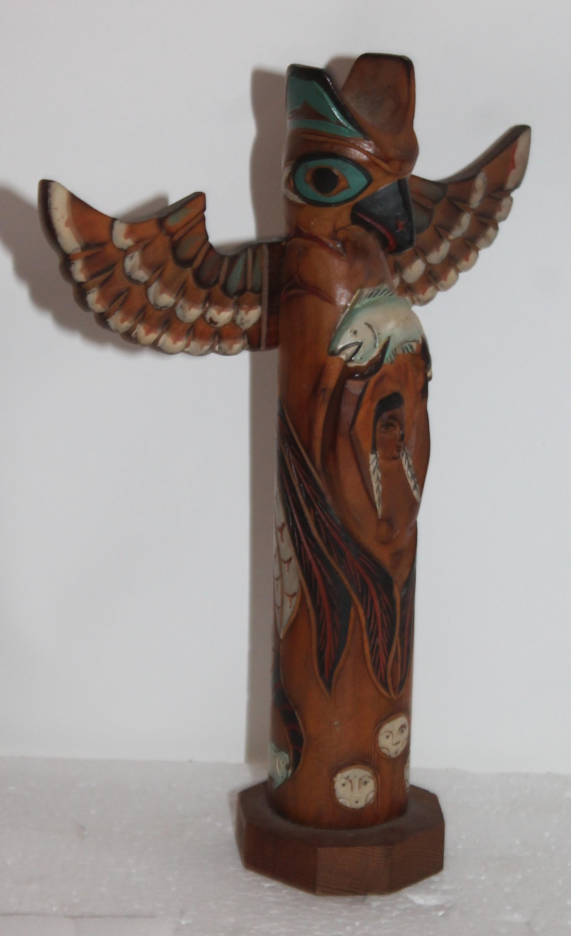 North West Coast Native American TOTEM pole 1940s hand carved and hand painted. Has a signature of the maker on base.