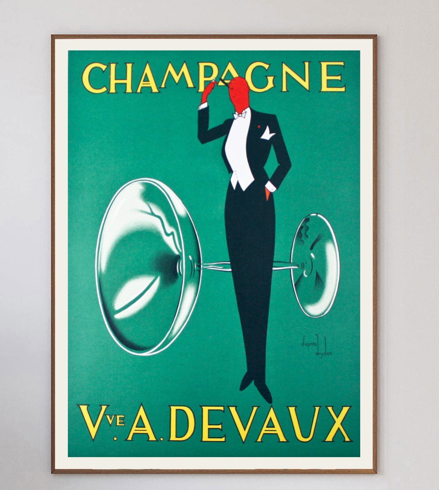 With stunning minimalist art-deco design from Austrian commercial artist and costume maker Ernst Deutsch Dryden, this iconic 1935 poster for Champagne Devaux is a piece of art as well as a piece of advertising history.

In mint condition and