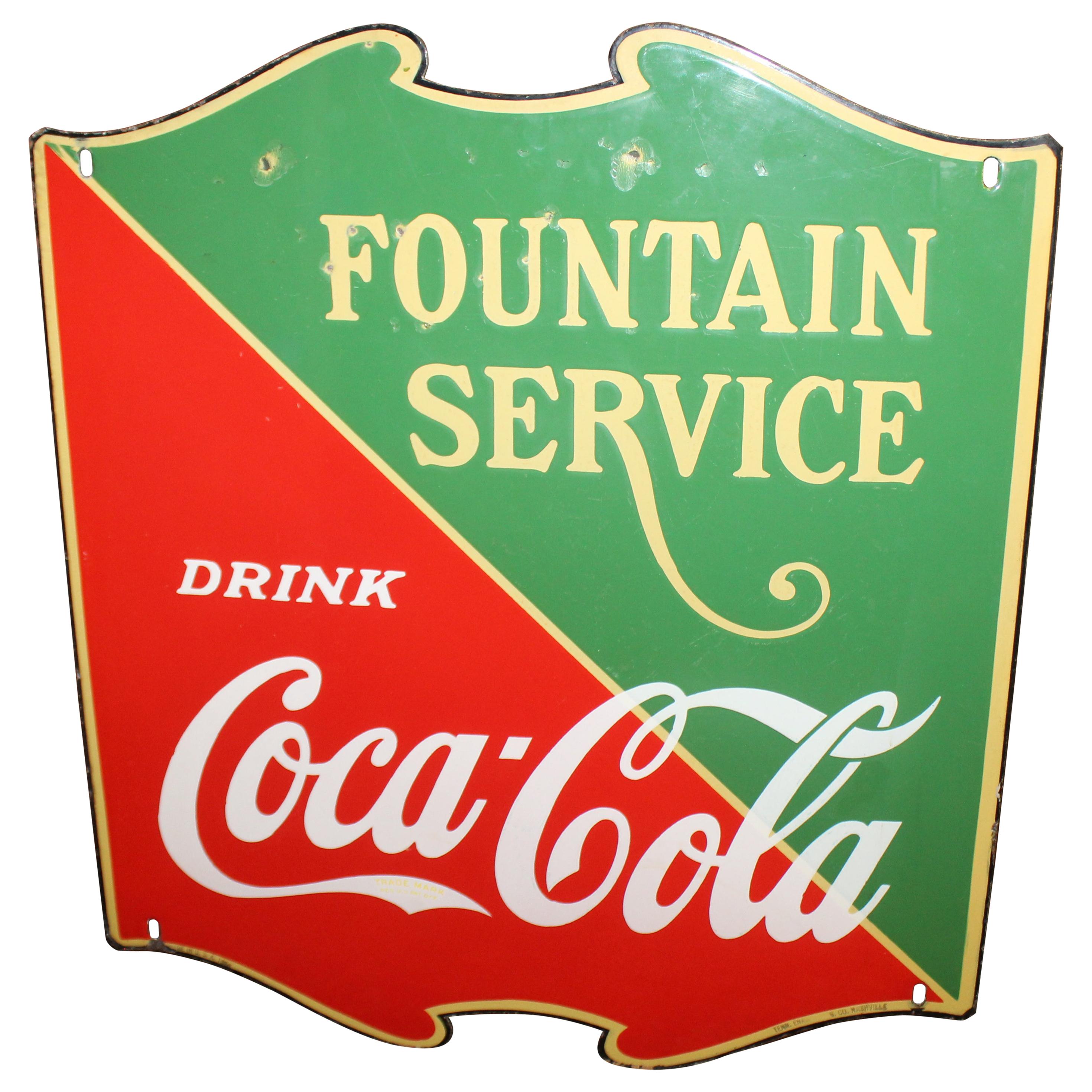 1935 Coca Cola "Fountain Service" Porcelain Shield Single Sided Sign For Sale