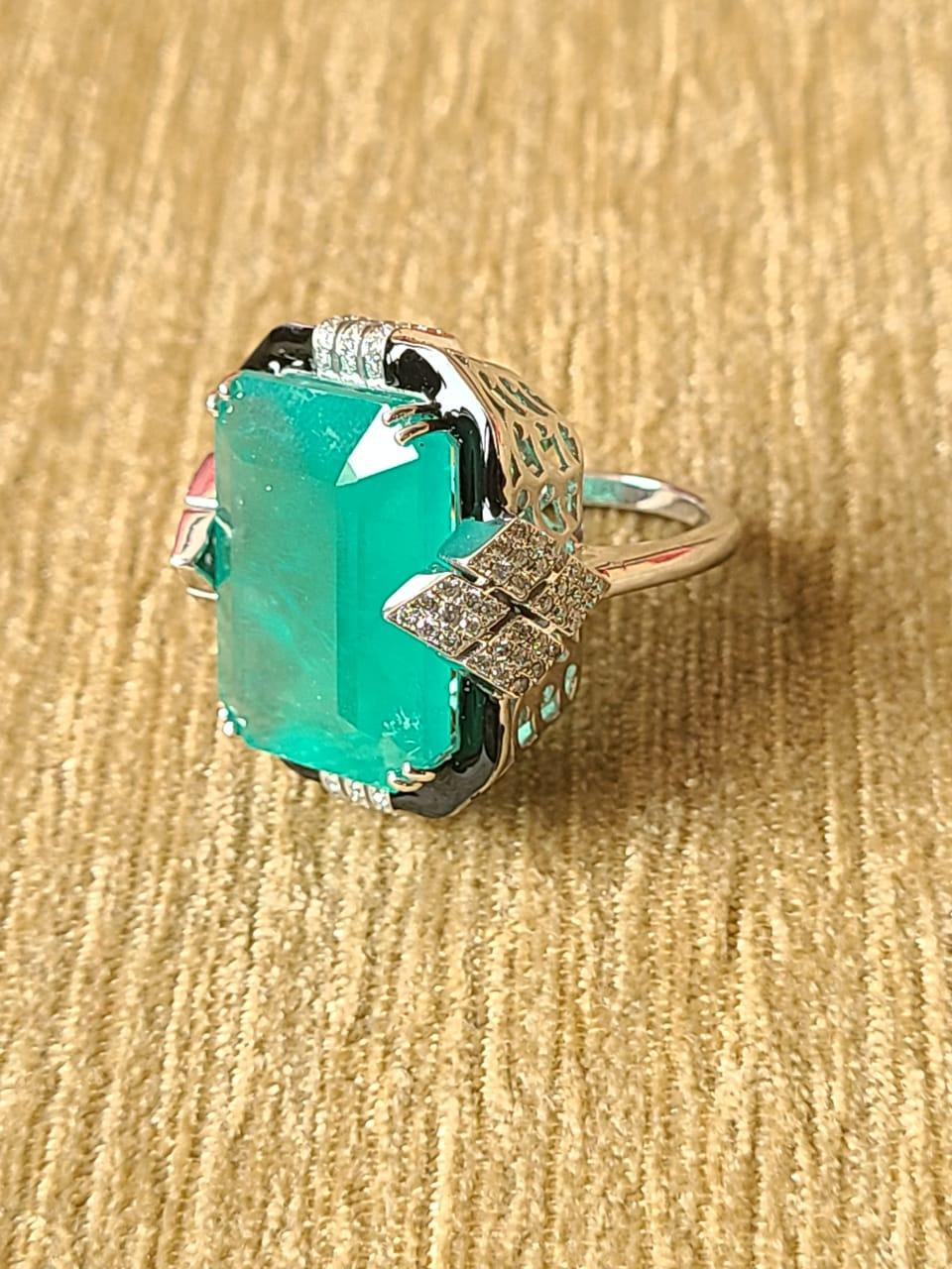 Emerald Cut 19.35 Cts, Zambian Emerald, Black Enamel & Diamonds Art Deco Style Cocktail Ring