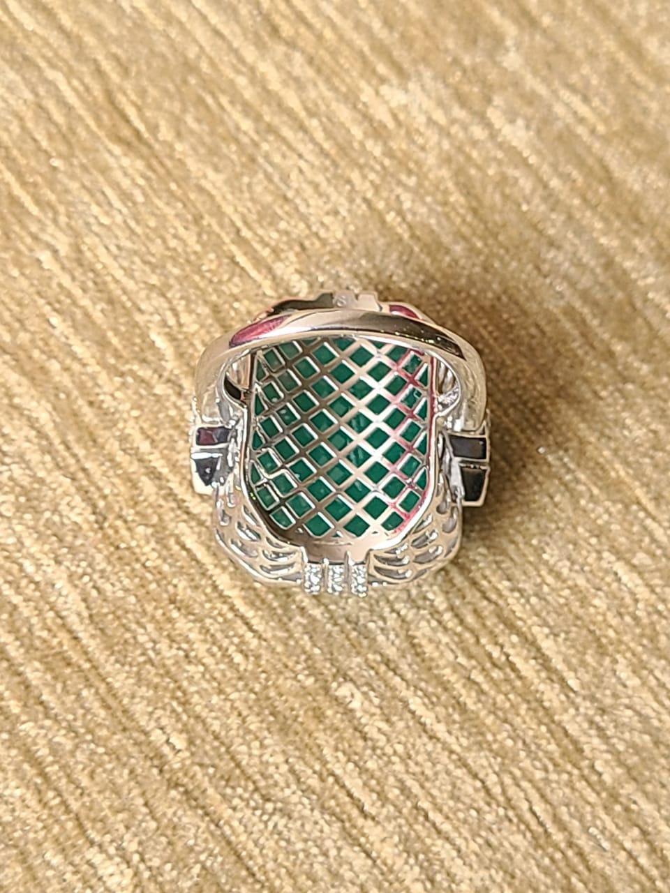 19.35 Cts, Zambian Emerald, Black Enamel & Diamonds Art Deco Style Cocktail Ring In New Condition In Hong Kong, HK