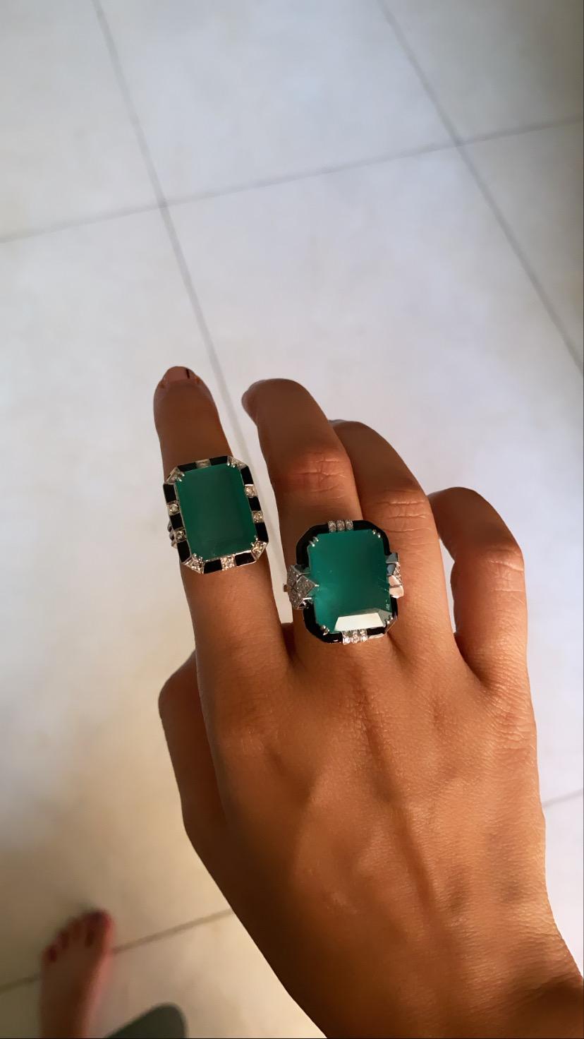 Women's or Men's 19.35 Cts, Zambian Emerald, Black Enamel & Diamonds Art Deco Style Cocktail Ring
