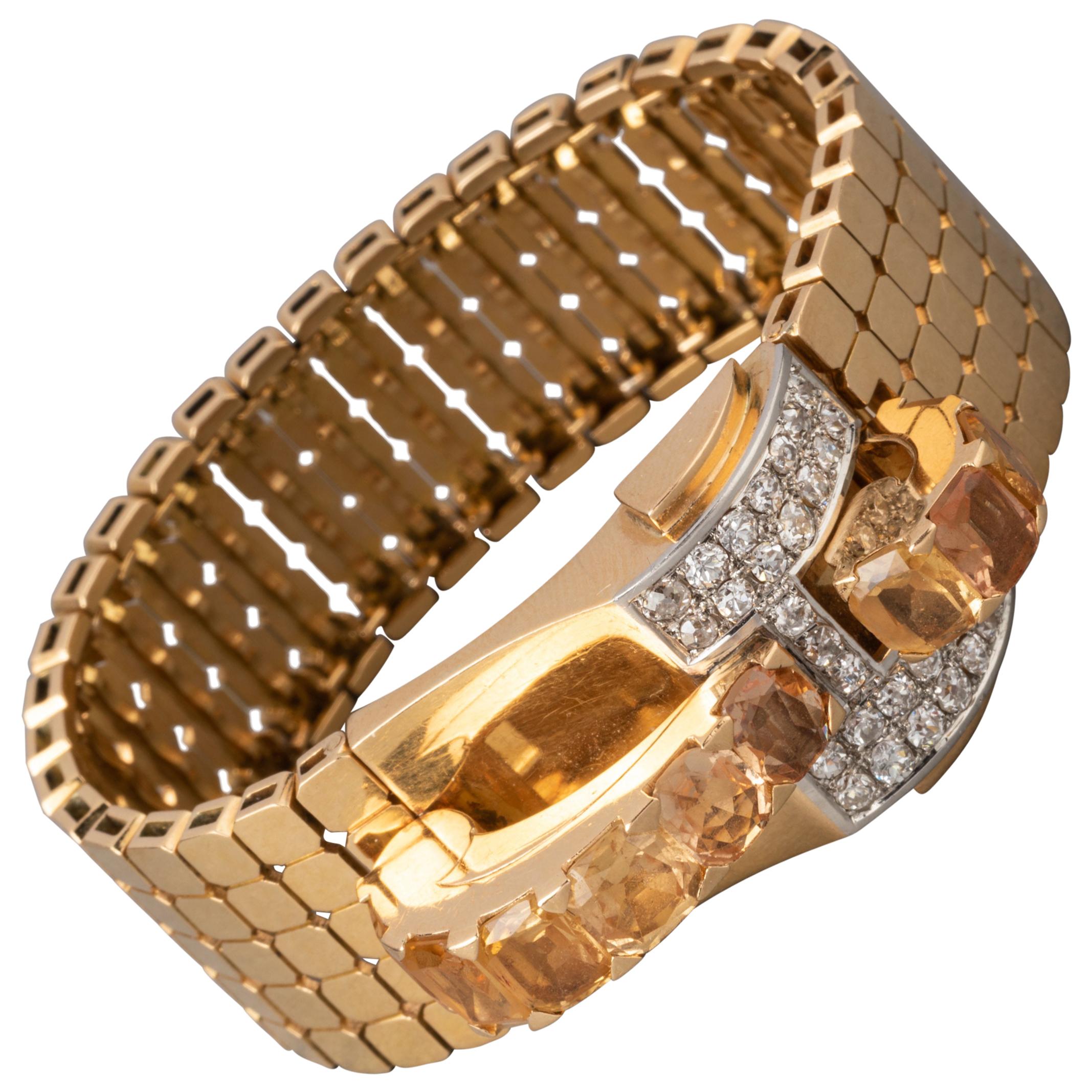 1935 Gold Diamonds and Citrines Bracelet For Sale