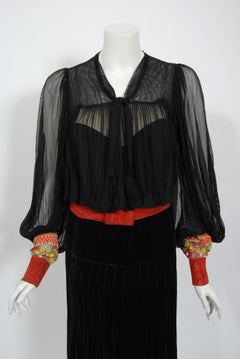 Archival 1930s Worth Haute Couture Beaded Black Velvet Silk Billow-Sleeve Dress