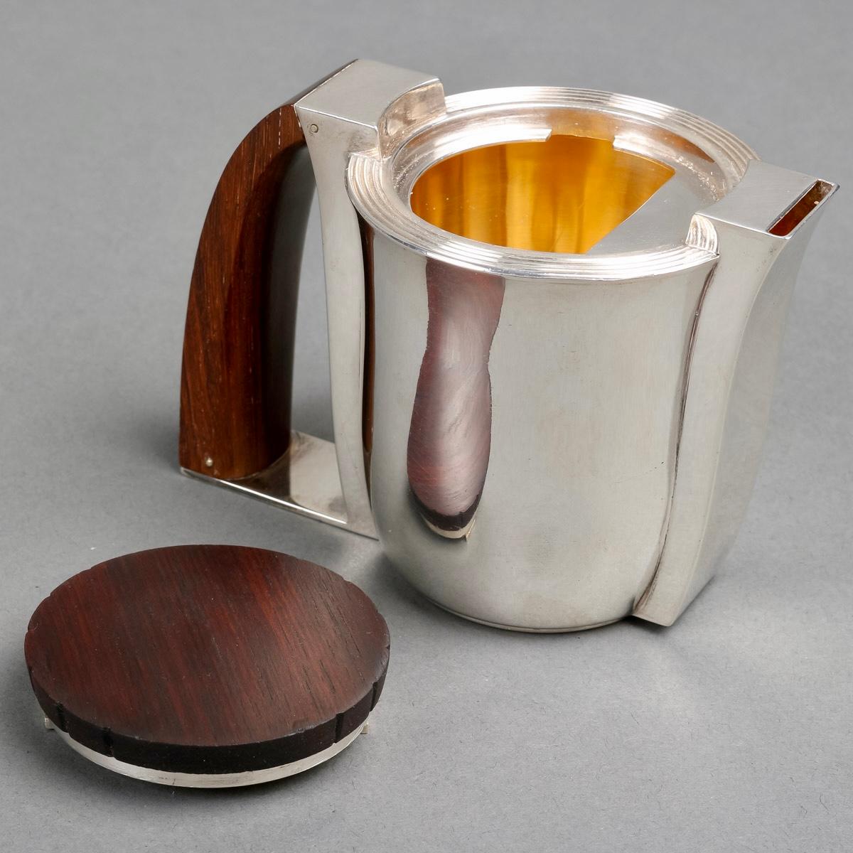 French 1935 Jean E Puiforcat Art Deco Modernist Tea Coffee Set Sterling Silver Rosewood