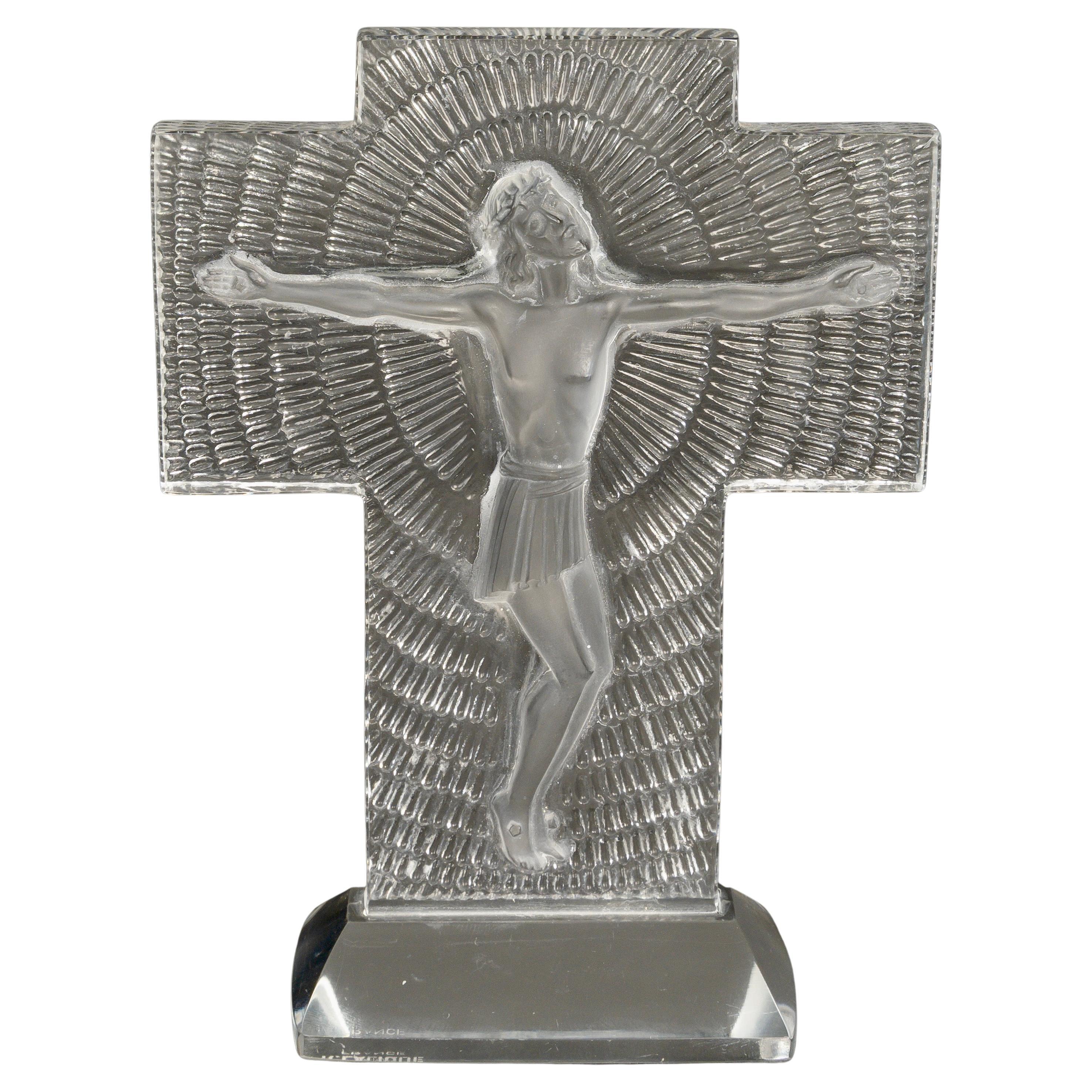 1935 René Lalique Art Deco Statue Kruzifix Christus Glas im Angebot
