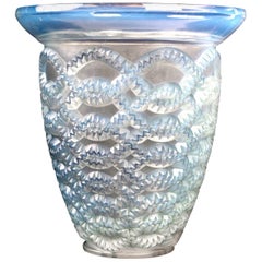 1935 Rene Lalique Guirlandes Vase in Opalescent Glass with Blue Stained