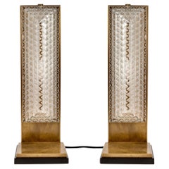 1935 René Lalique, Pair of Art Deco Normandie Lamps Glass, Wood and Brass
