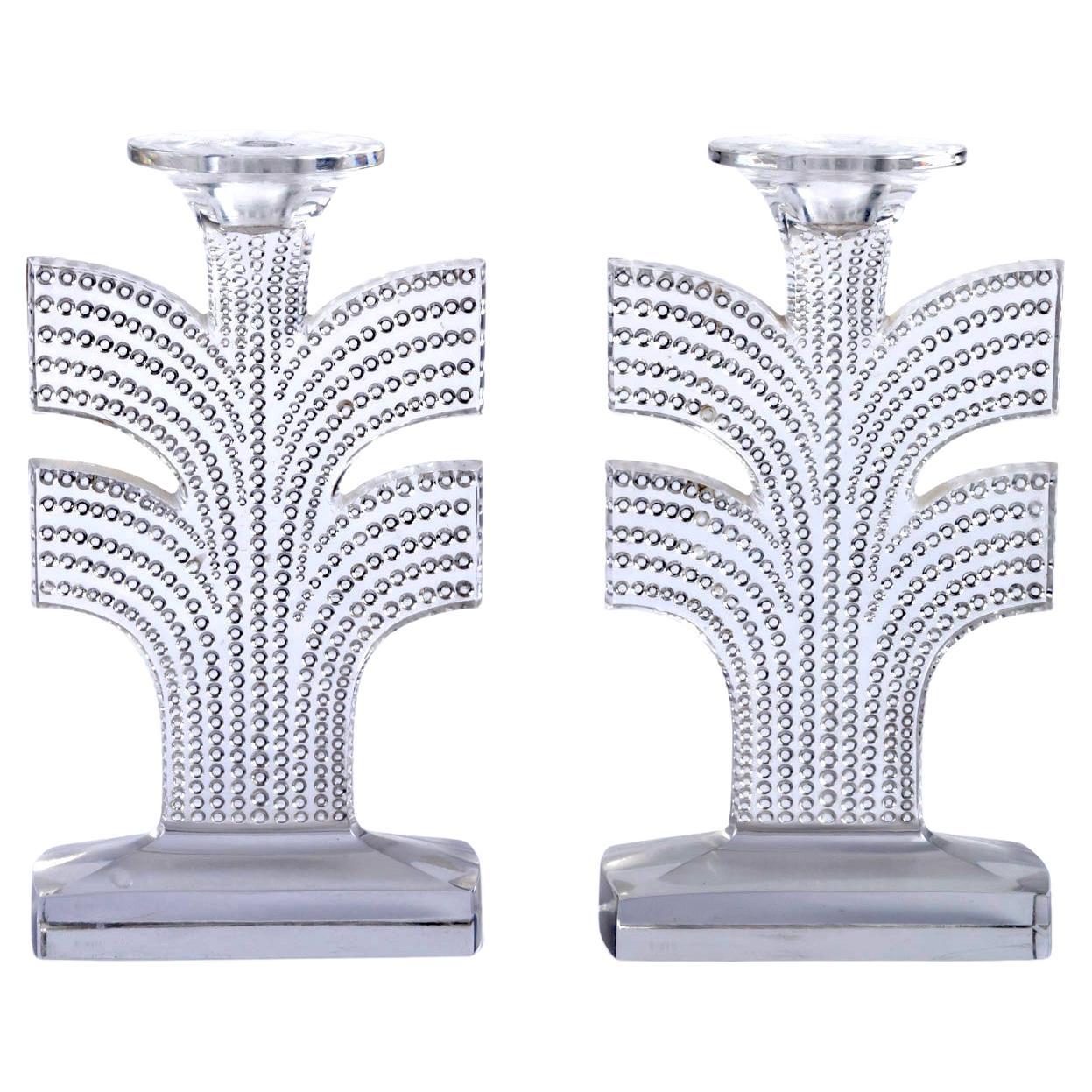 1935 Rene Lalique Pair of Tokyo Candleholders Clear Glass