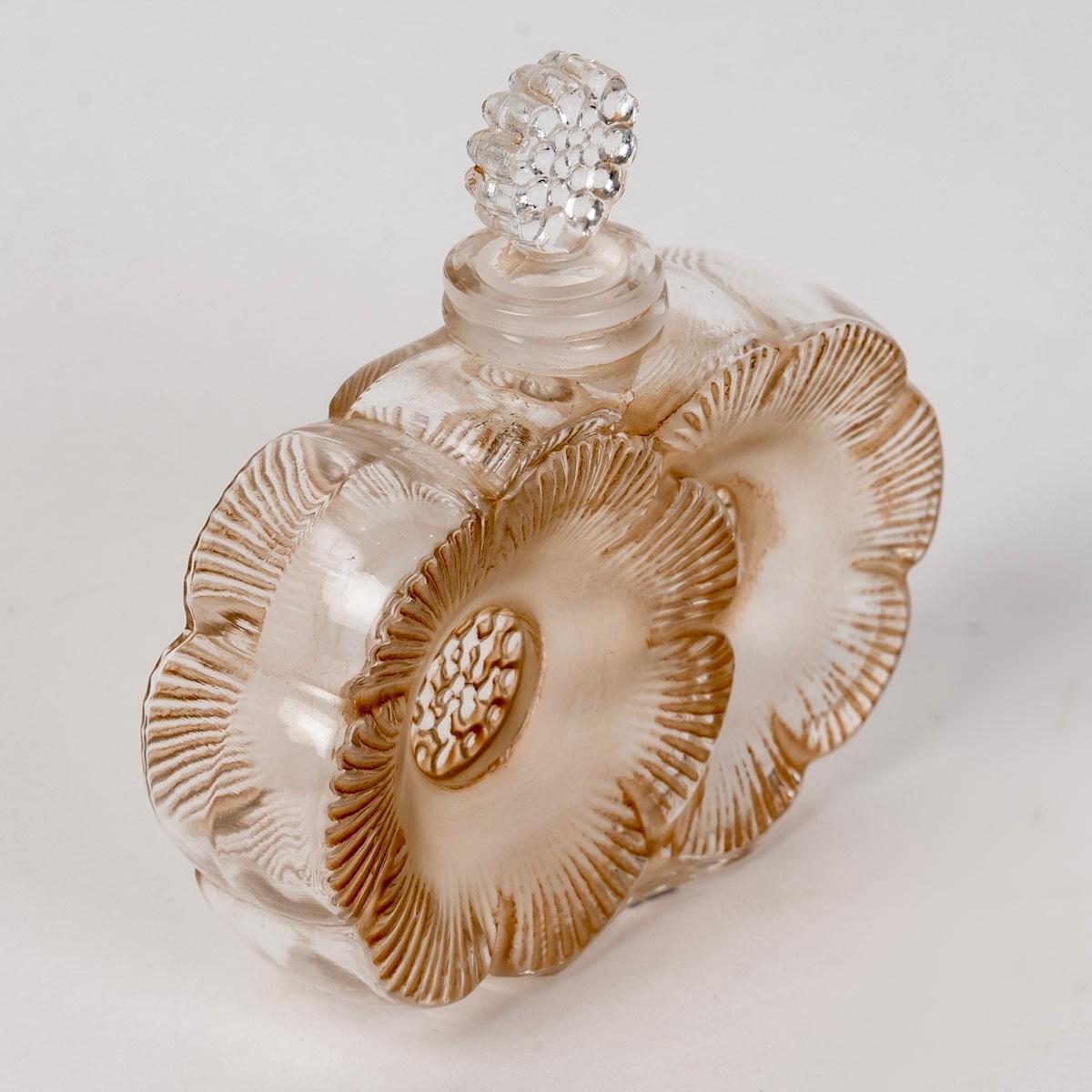 Art Deco 1935 René Lalique Perfume Bottle Deux Fleurs Glass with Sepia Patina