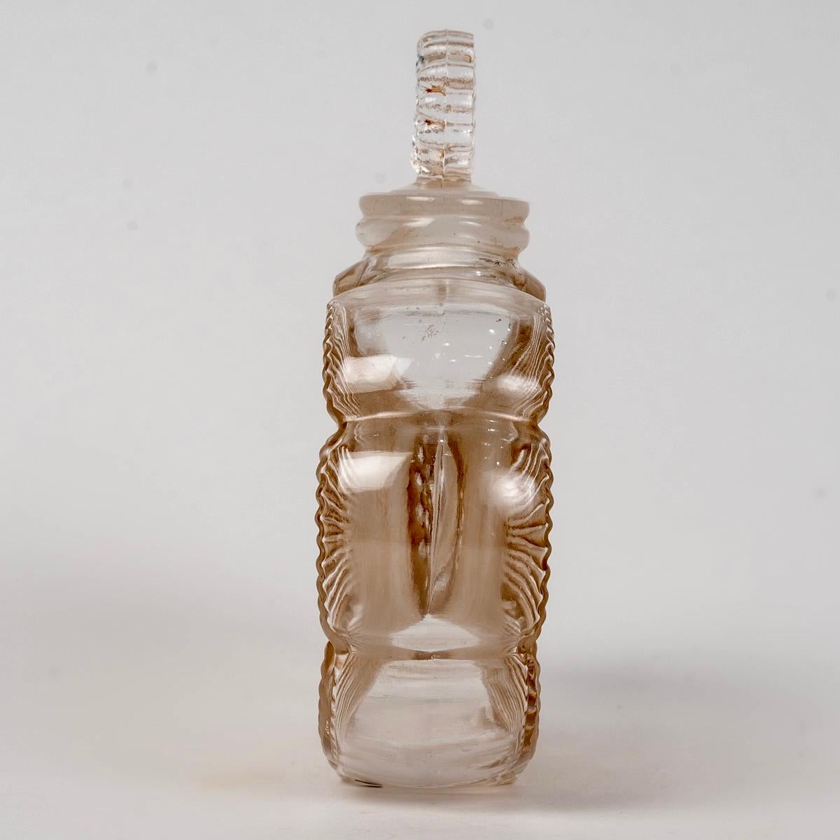 French 1935 René Lalique Perfume Bottle Deux Fleurs Glass with Sepia Patina