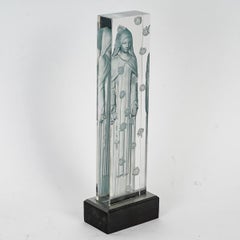 1935 René Lalique Statue Sainte Thérèse Verre avec Patina bleue Base en bois