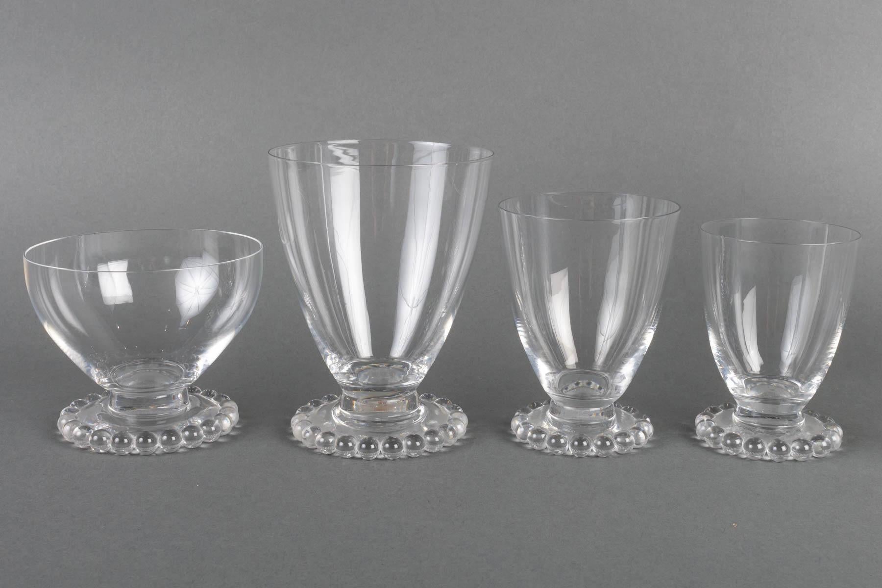 Art Deco 1935 René Lalique, Tablewares Glasses Decanters Boules Glass, 34 Pieces For Sale
