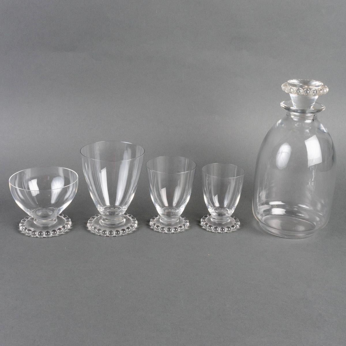 French 1935 René Lalique, Tablewares Glasses Decanters Boules Glass, 34 Pieces For Sale