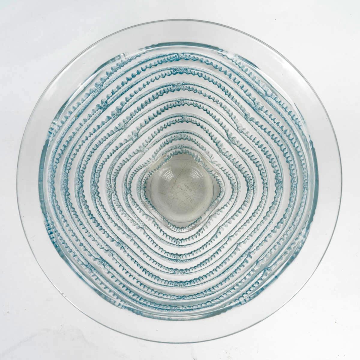 French 1935 René Lalique - Vase Art Deco Annecy Glass With Blue Patina