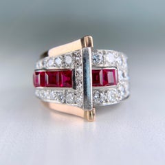 1935 Retro Ruby and Transitional Cut Diamond Two Tone Ring 18k/Platinum