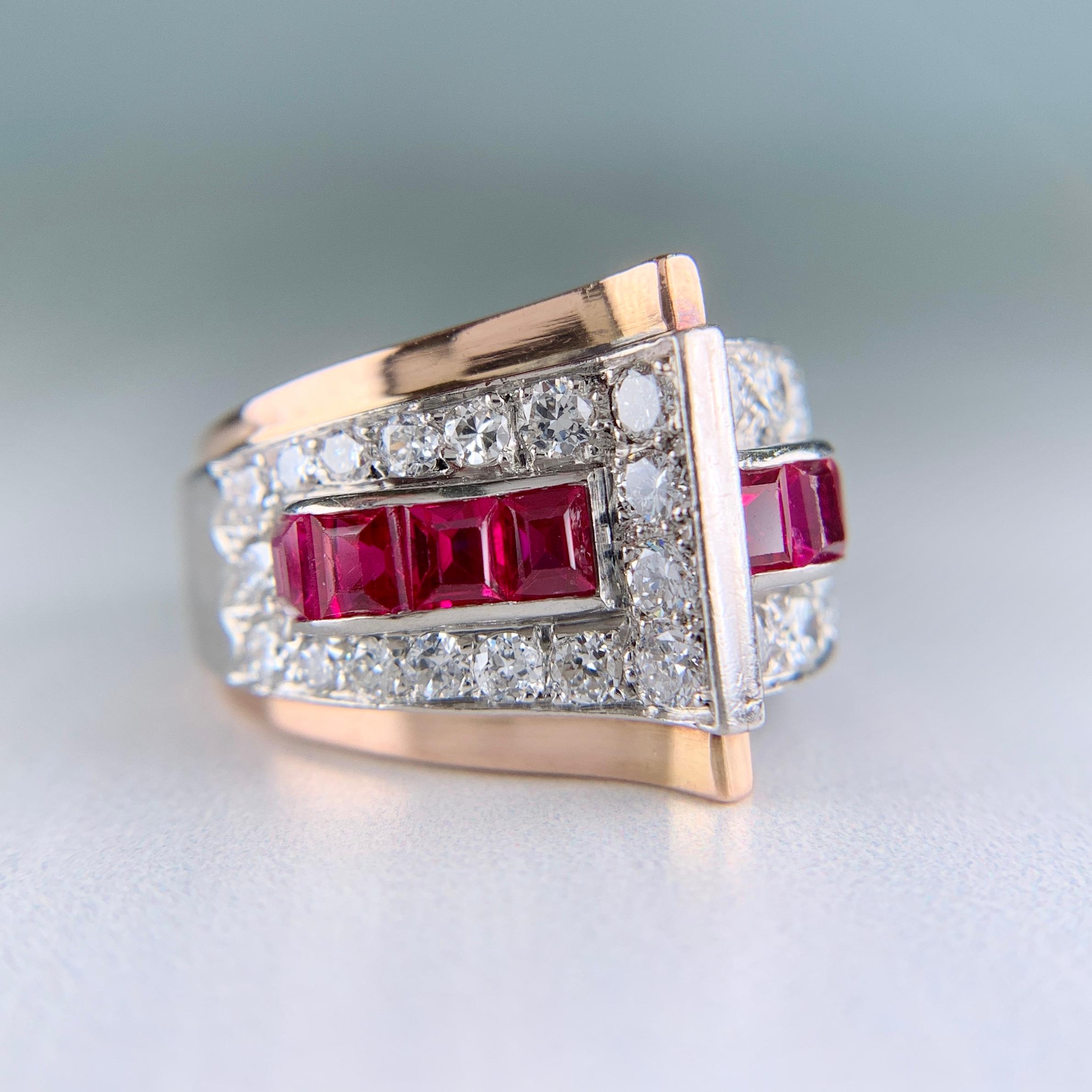 1935 Retro Ruby and Transitional Cut Diamond Two Tone Ring 18k/Platinum ...