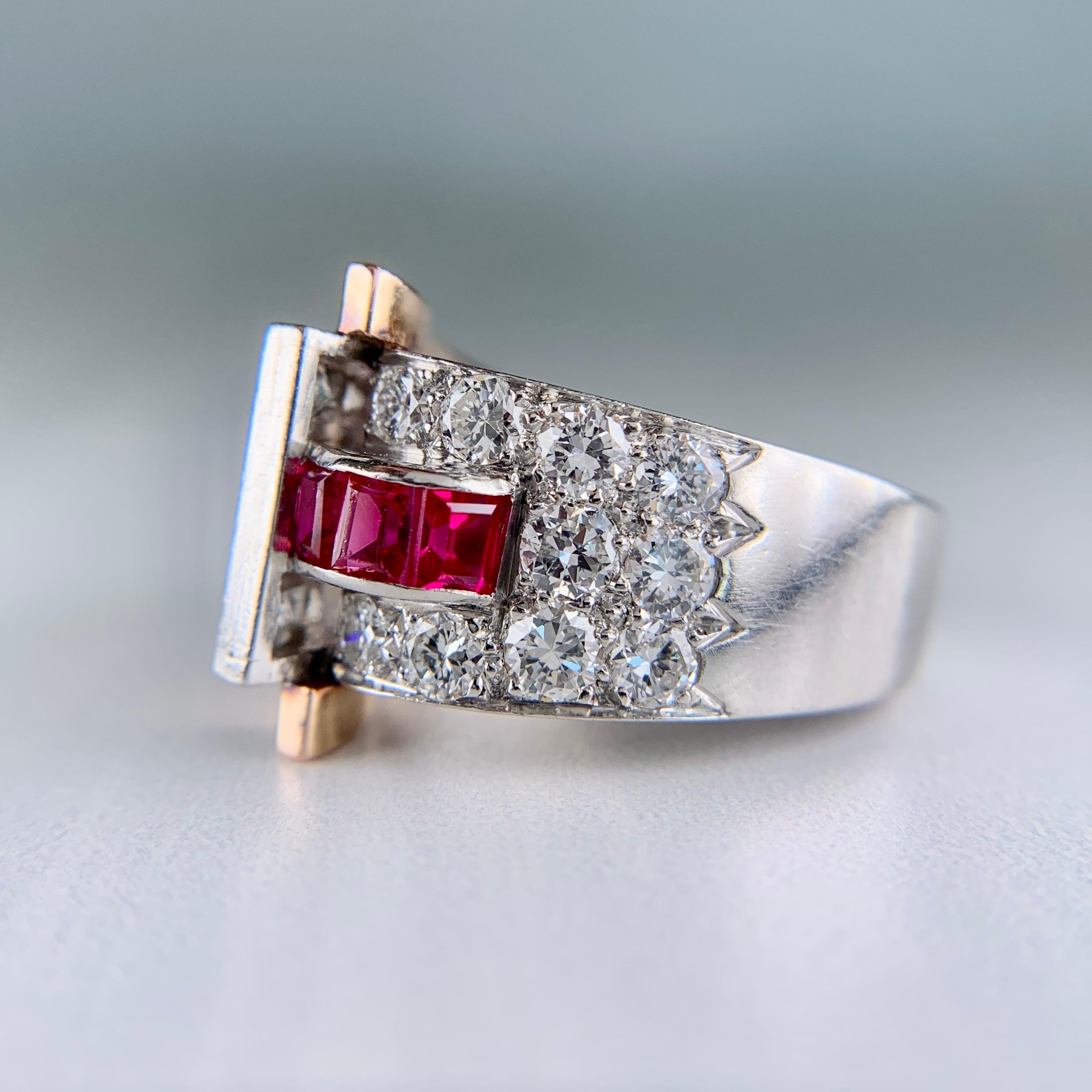 1935 Retro Ruby and Transitional Cut Diamond Two Tone Ring 18k/Platinum ...