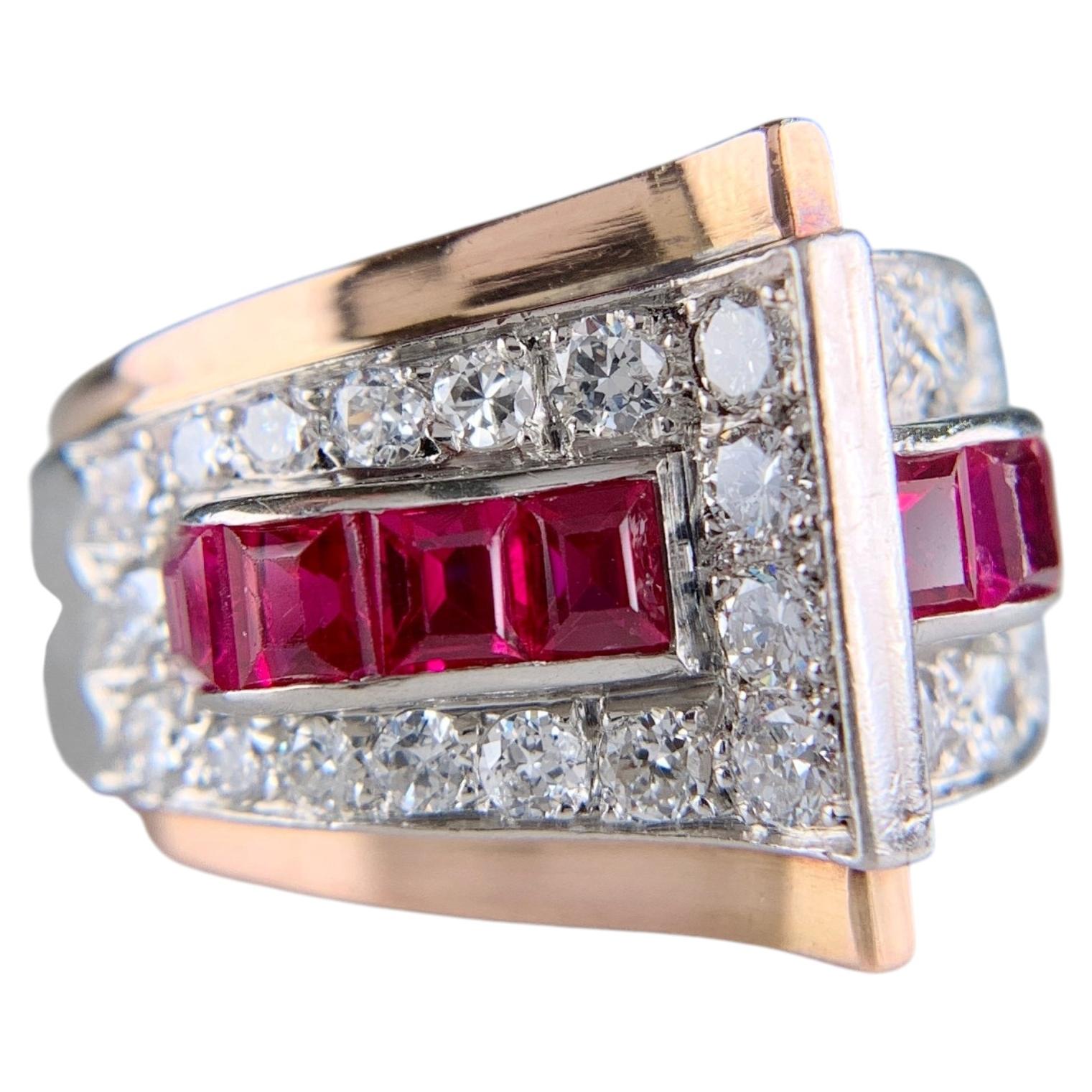 1935 Retro Rubin und Diamant im Übergangsschliff zweifarbiger Ring 18k/Platin