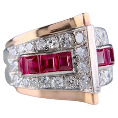 1935 Retro Ruby and Transitional Cut Diamond Two Tone Ring 18k/Platinum