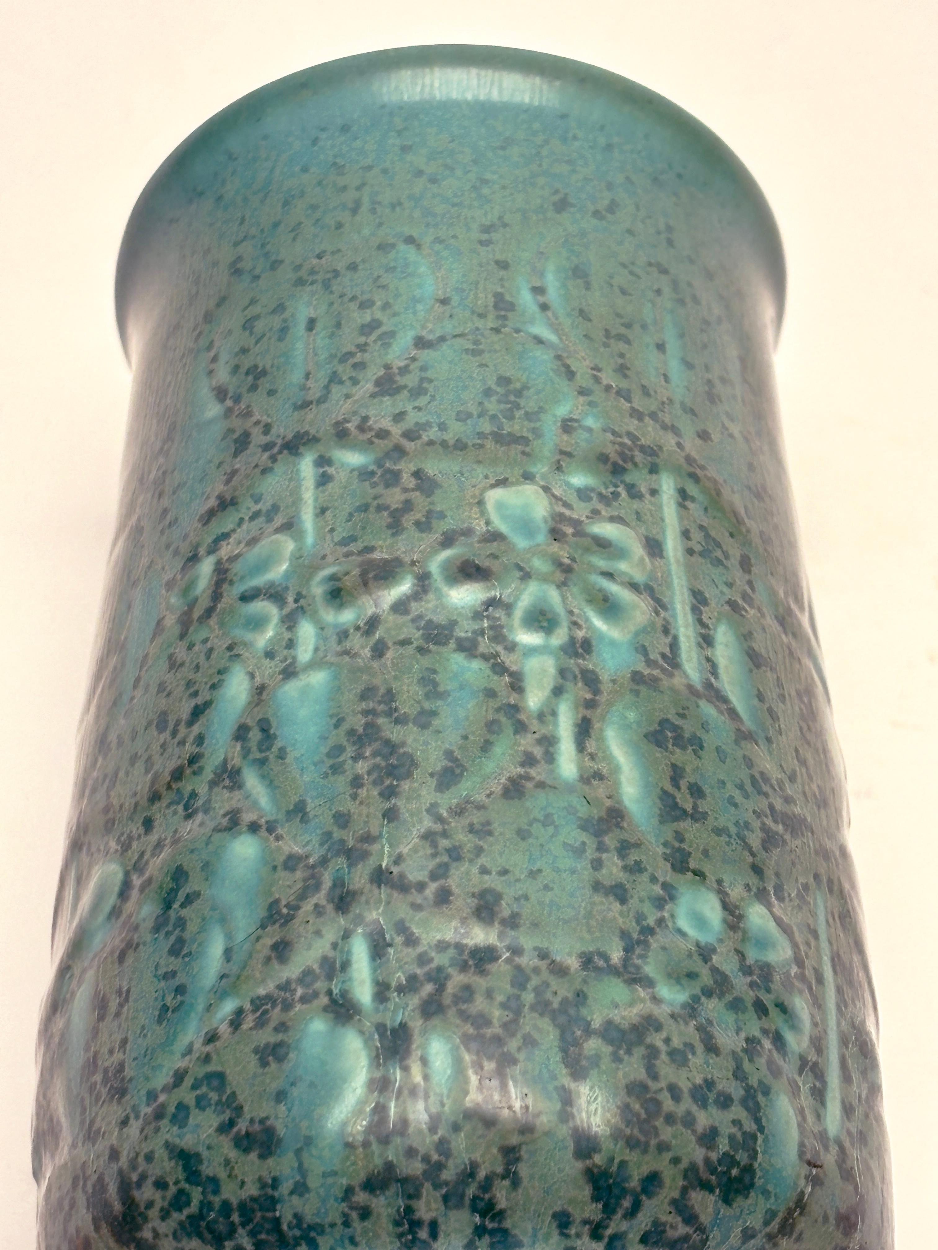1935 Rookwood Blue/Teal Green Matte Glazed Vase With Well-Formed Floral Relief For Sale 5