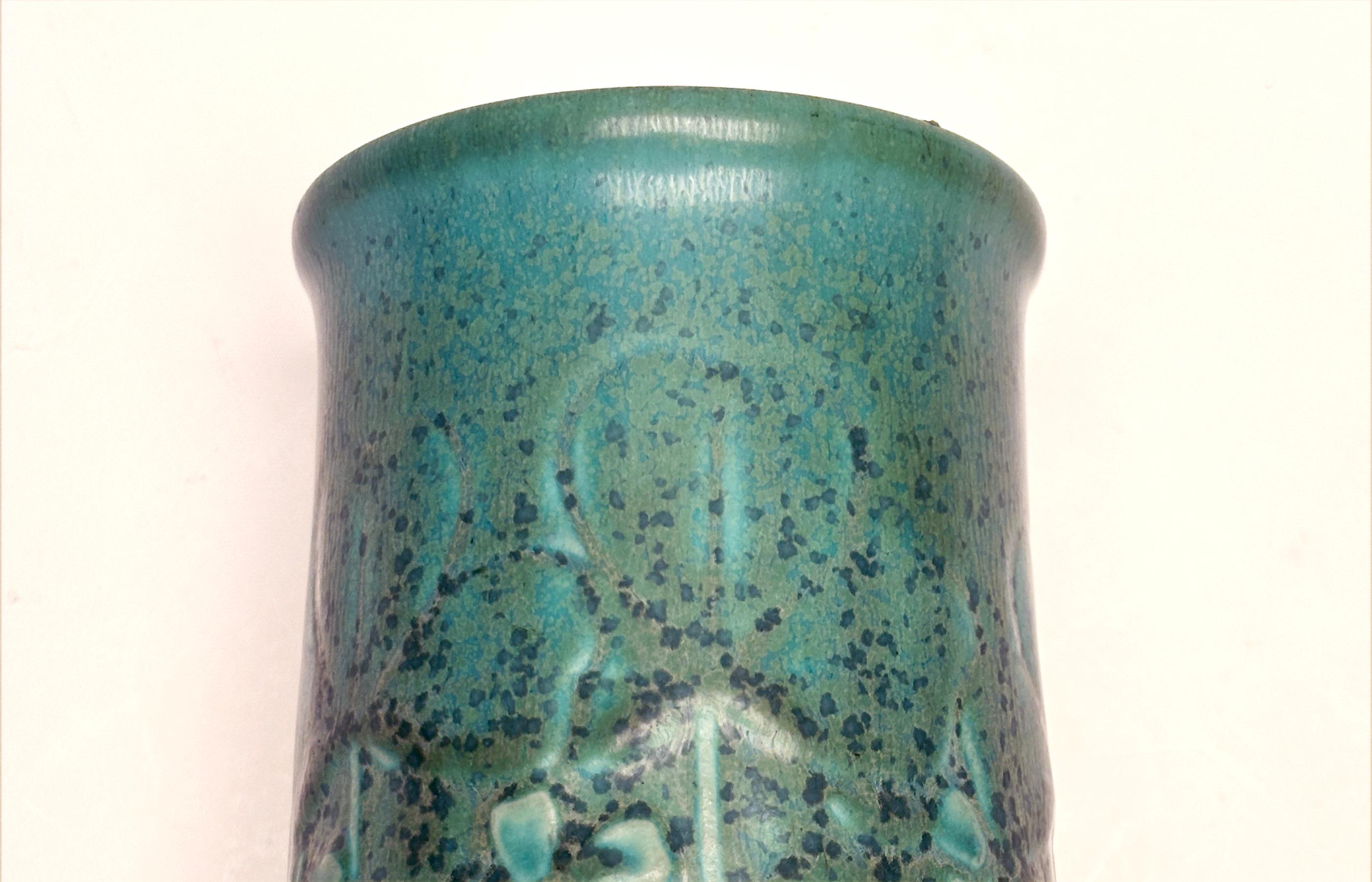 Ceramic 1935 Rookwood Blue/Teal Green Matte Glazed Vase With Well-Formed Floral Relief For Sale