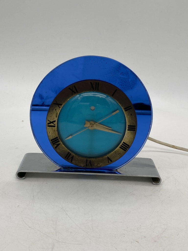 1935 Telechron Art Deco Electric Clock with Blue Glass For Sale at 1stDibs