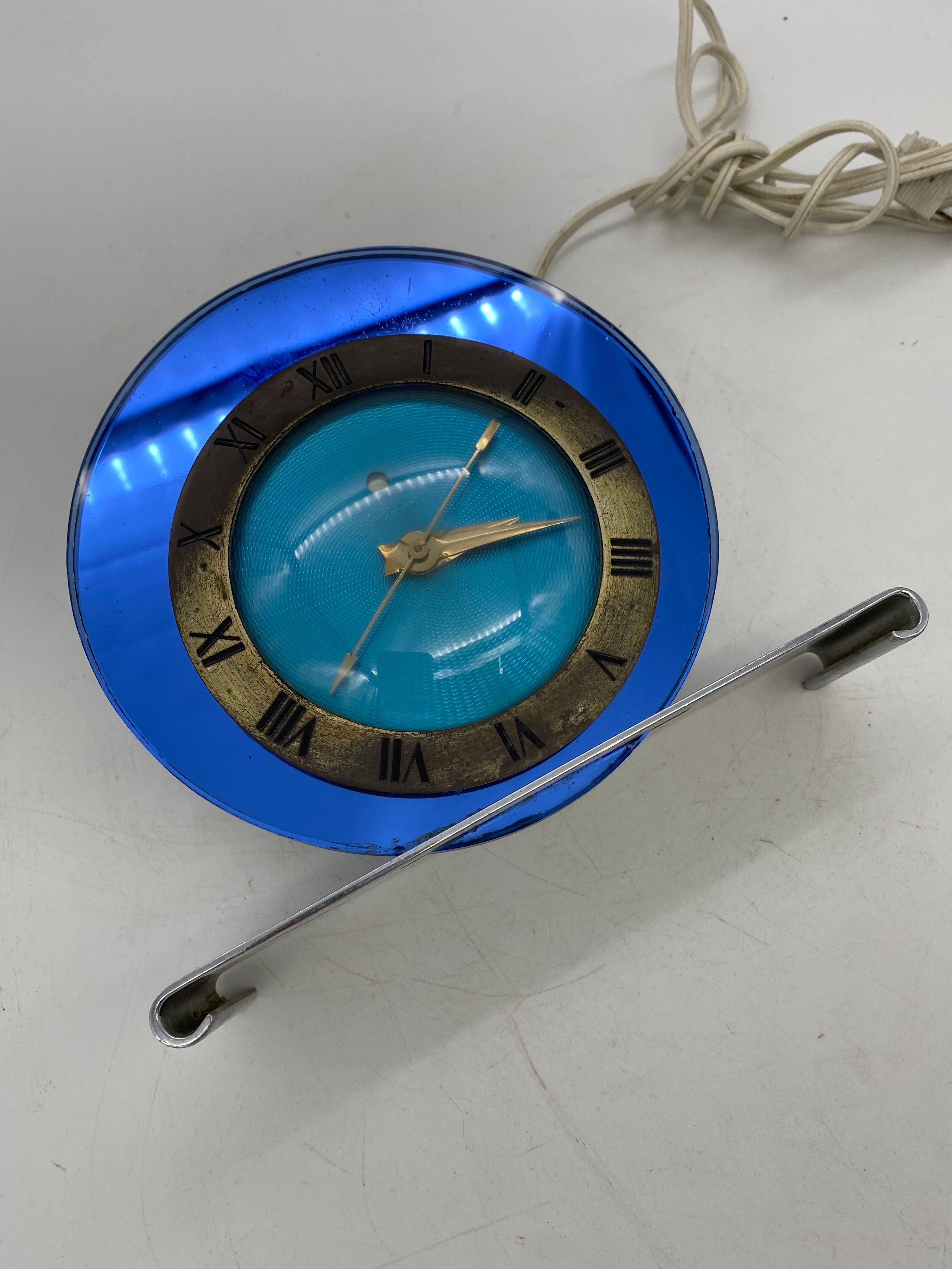 Art Glass 1935 Telechron Art Deco Electric Clock with Blue Glass