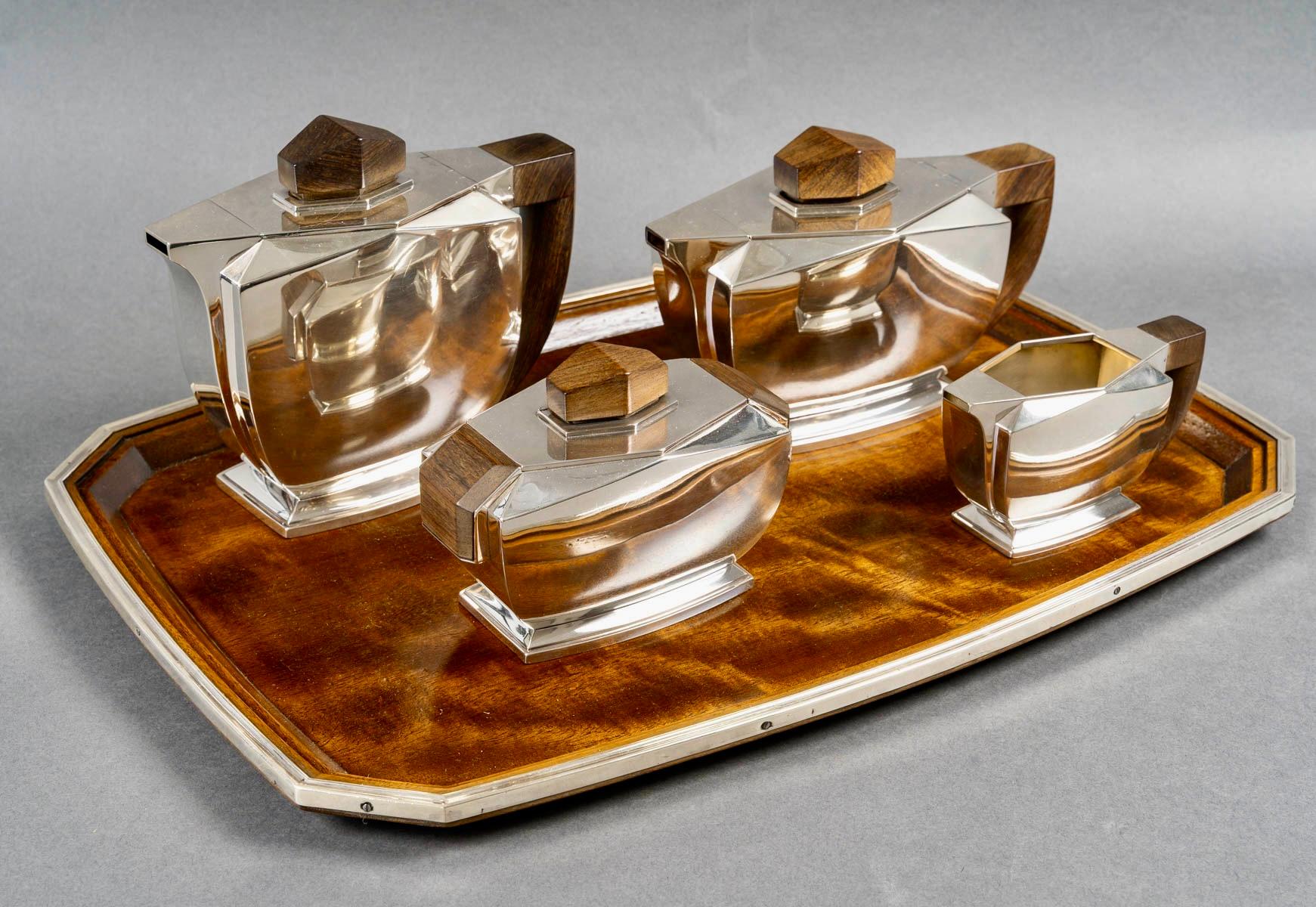 Art Déco 1935 Tetard Frères - Servizio da tè e caffè in argento e palissandro in vendita