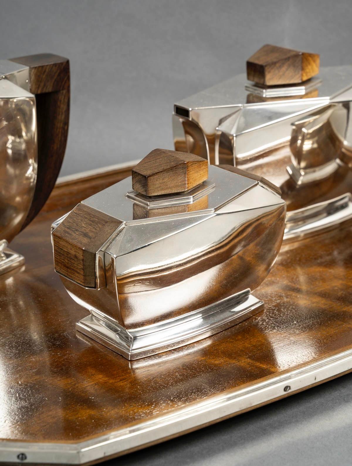 Argento 925 1935 Tetard Frères - Servizio da tè e caffè in argento e palissandro in vendita