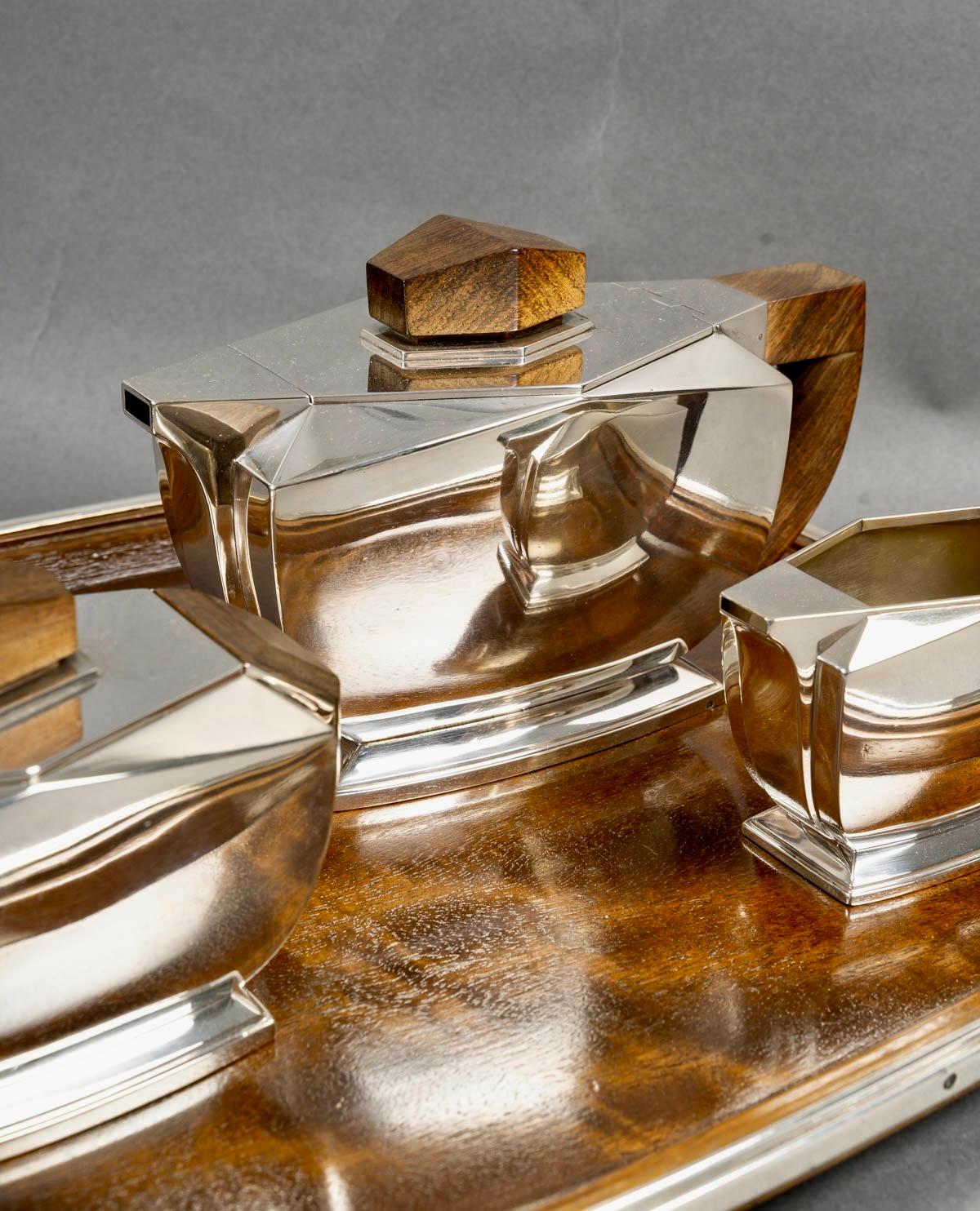 1935 Tetard Frères - Servizio da tè e caffè in argento e palissandro in vendita 1