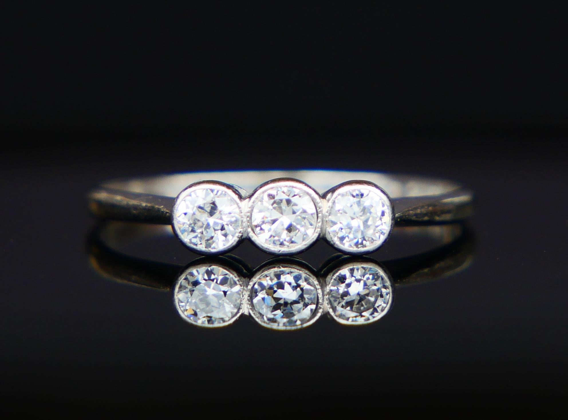 
Nice ring hand -made in 1932 . Combination of Platinum and three natural Diamonds of old European Diamond.

Beautiful and still very sturdy and damage - resistant ergonomic construction. Great ring for comfortable everyday wear.

Diamonds measure Ø
