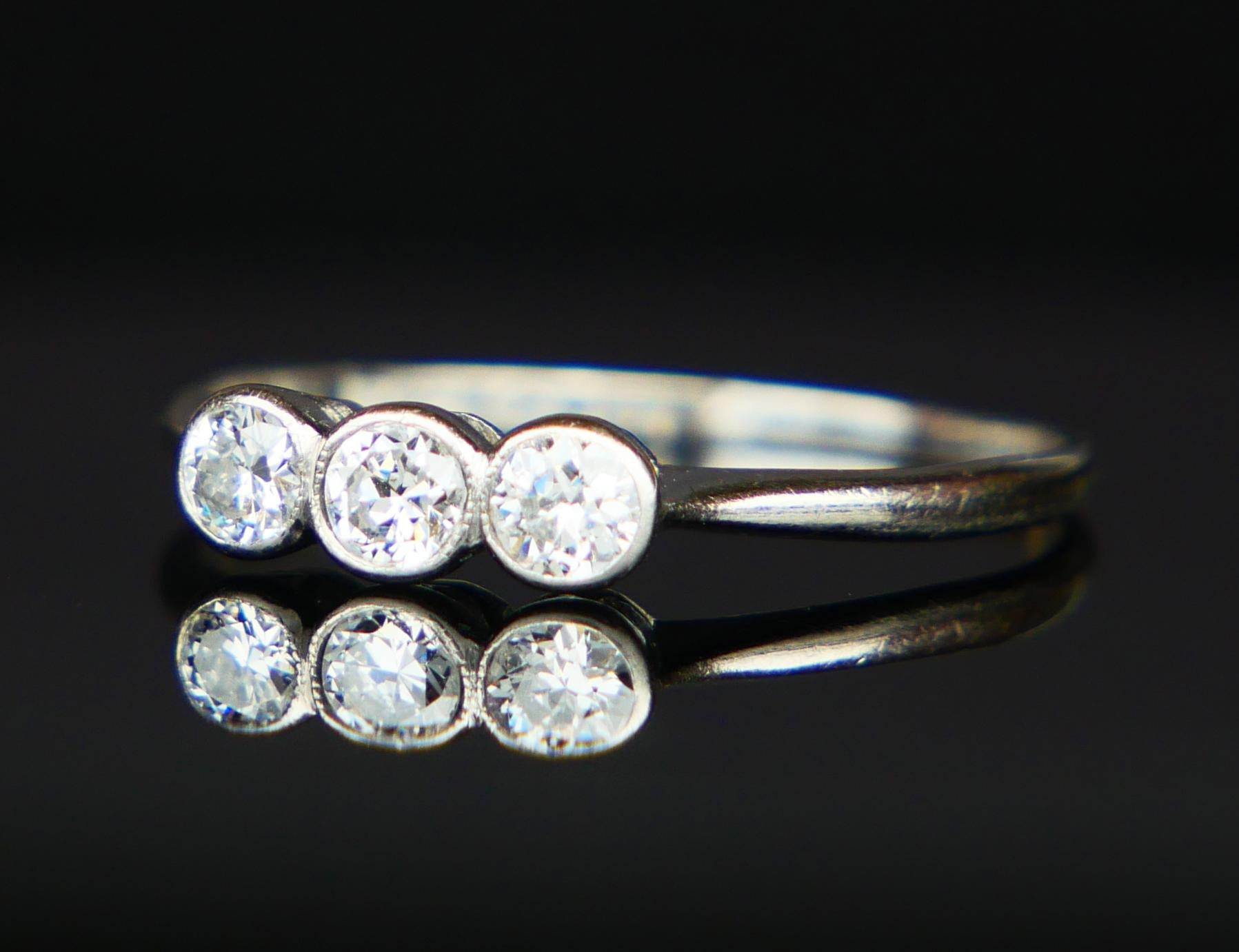 Old European Cut 1935 Three 0.45ctw Diamonds Ring solid Platinum Ø 6.5US / 1.8gr For Sale