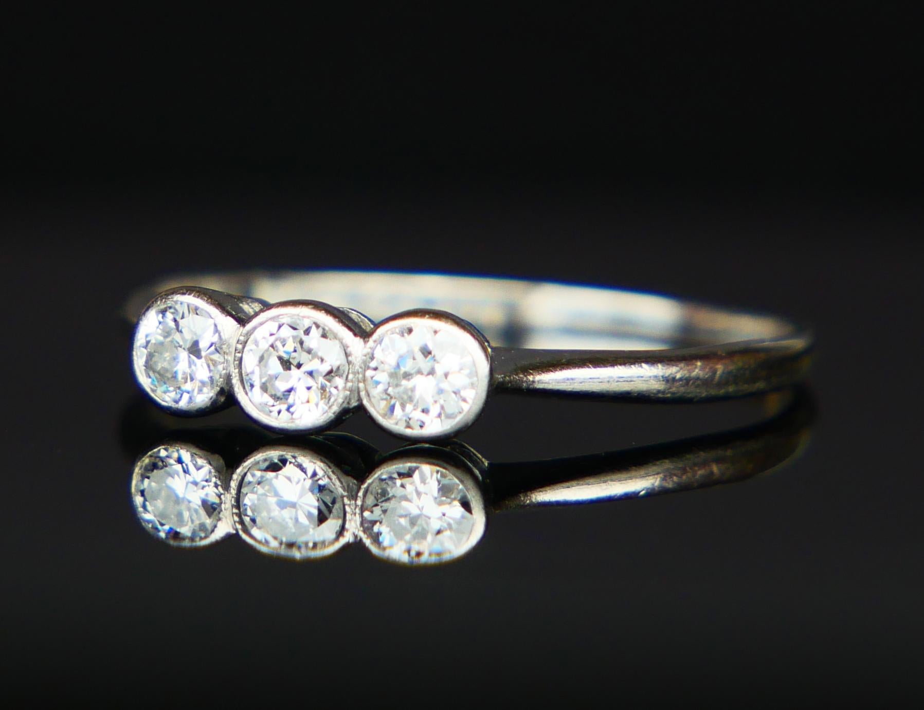 1935 Drei 0.45ctw Diamanten Ring massiv Platin Ø 6.5US / 1.8gr (Alteuropäischer Schliff)
