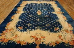 1935 Unique Navy Blue Floral Antique Chinese Art Deco Rug 9' x 11'4" Wool Carpet