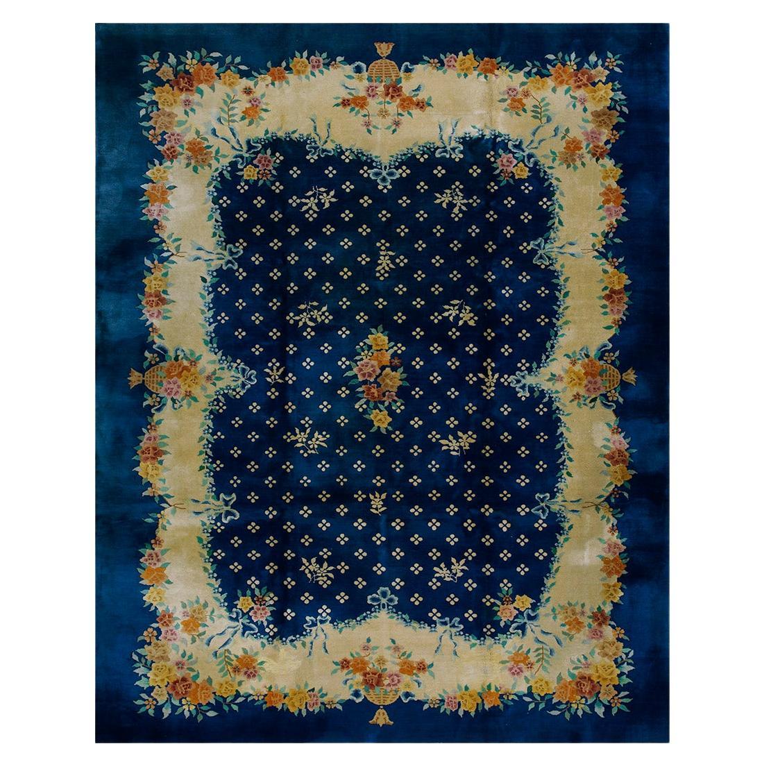 1935 Unique Navy Blue Floral Antique Chinese Art Deco Rug 9
 x 11
4" Wool Carpet