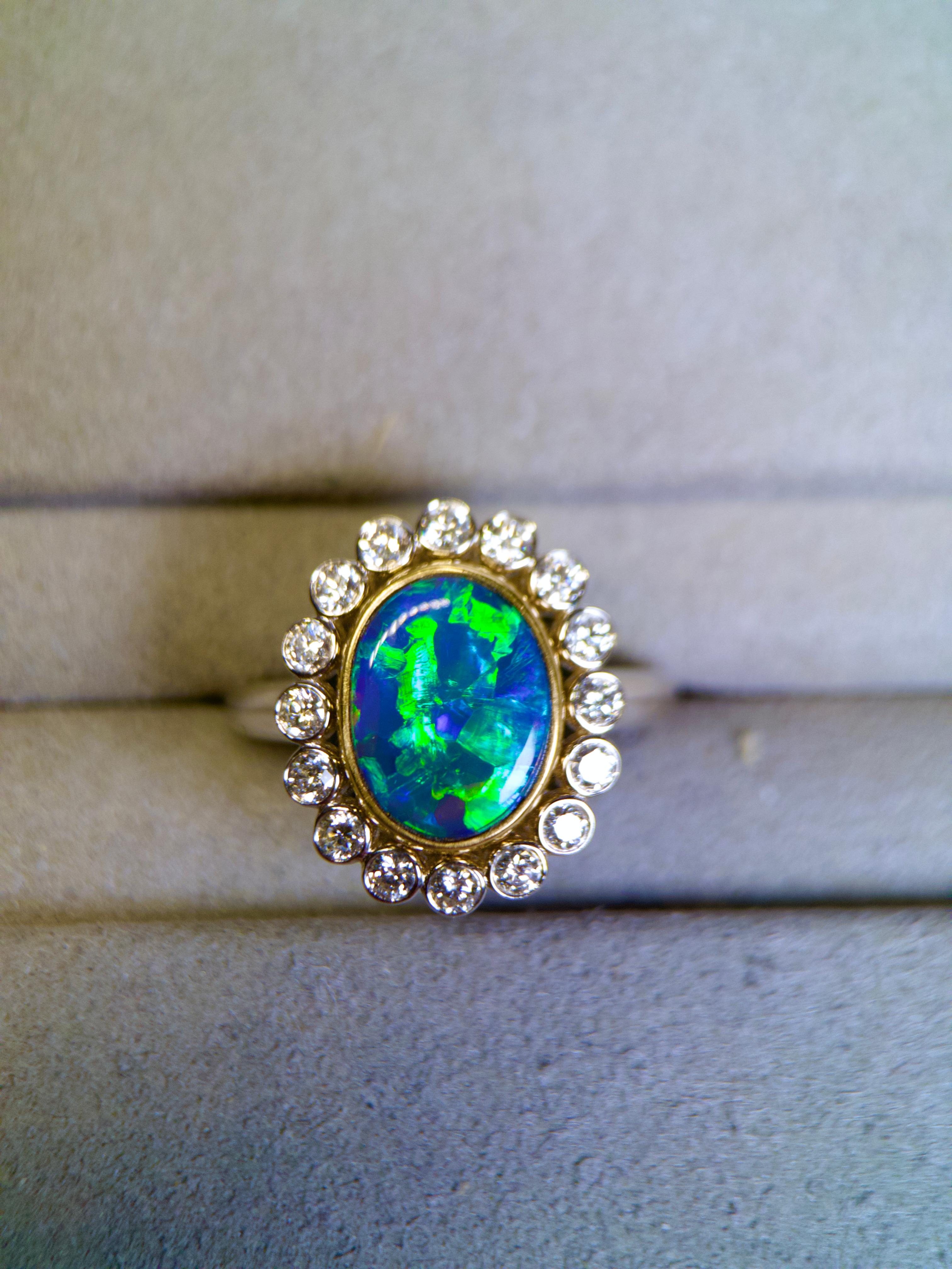Cabochon Australian Solid Black Opal 1.935ct and Diamond Ring in 18k Gold 
