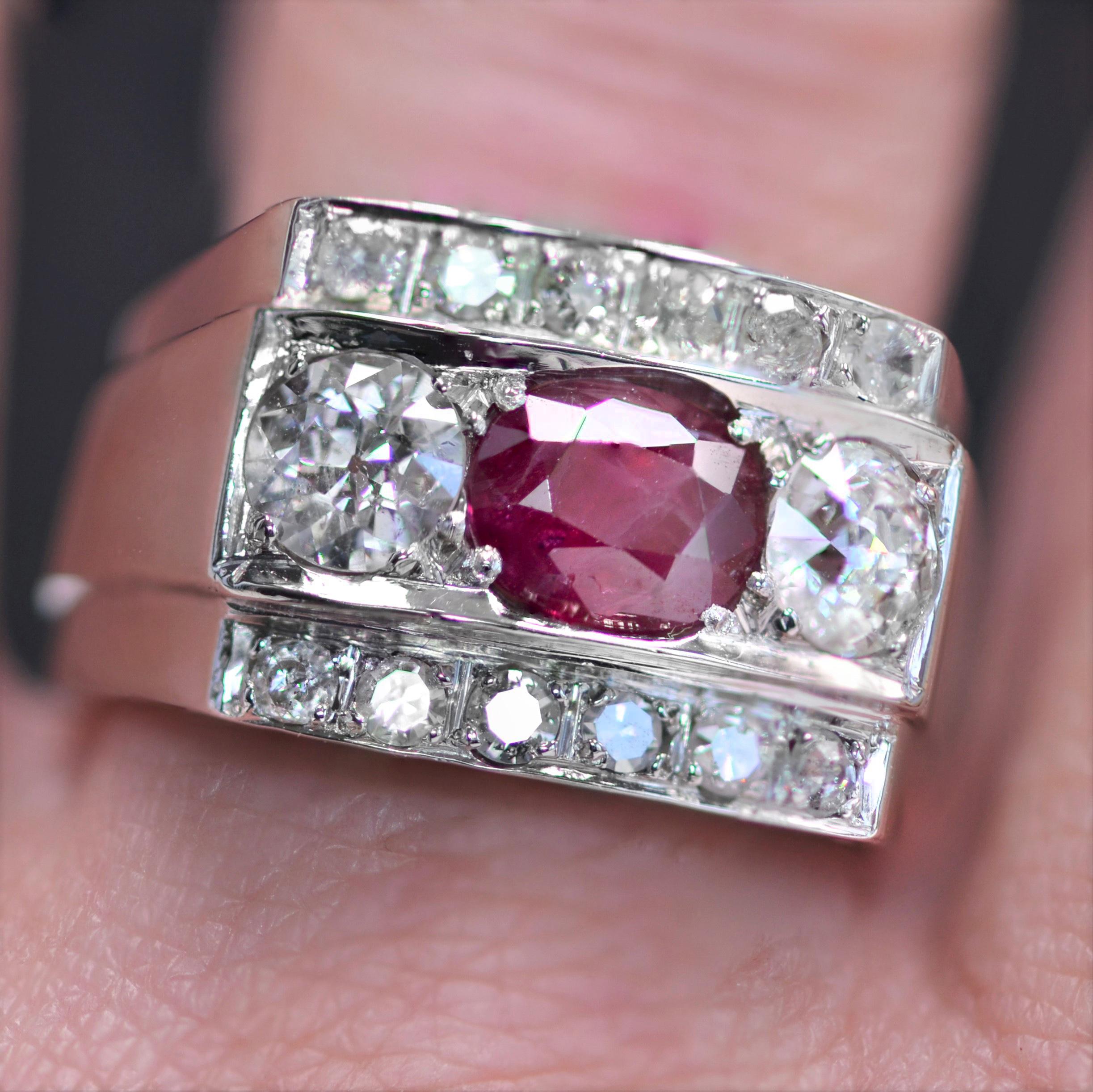 1935s Art Deco 1.40 Carat Ruby Diamonds Platinum Signet Ring 6